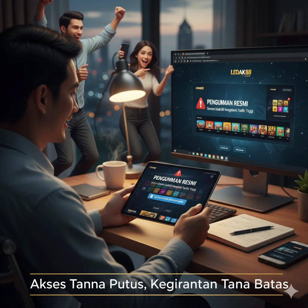 menggambarkan kegembiraan dan pengalaman lancar menggunakan link alternatif Ledak88, dengan beberapa orang yang melompat kegirangan.
