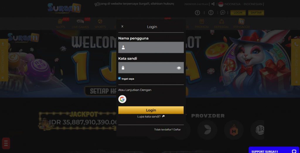 Gambar ini menunjukan tampilan login dan ada beberapa tombol untuk mendaftarkan id danda dan bisa juga sebagai akses untuk lupa paswords