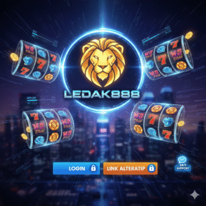 Ledak888 - Berbagai simbol slot, latar belakang kasino digital, logo Ledak888 yang modern dan cerah, dengan kesan aman dan kemudahan login.