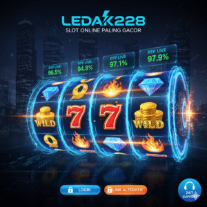 Ledak228 - Fokus pada slot gacor, visual gulungan slot yang berputar cepat, indikator RTP tinggi, dan logo Ledak228.
