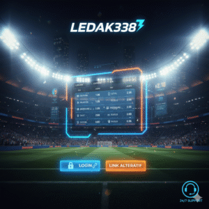 Ledak338 - Stadion sepak bola dengan sorotan terang, grafis odds taruhan, logo Ledak338 yang dinamis, serta tombol akses untuk login dan link alternatif.