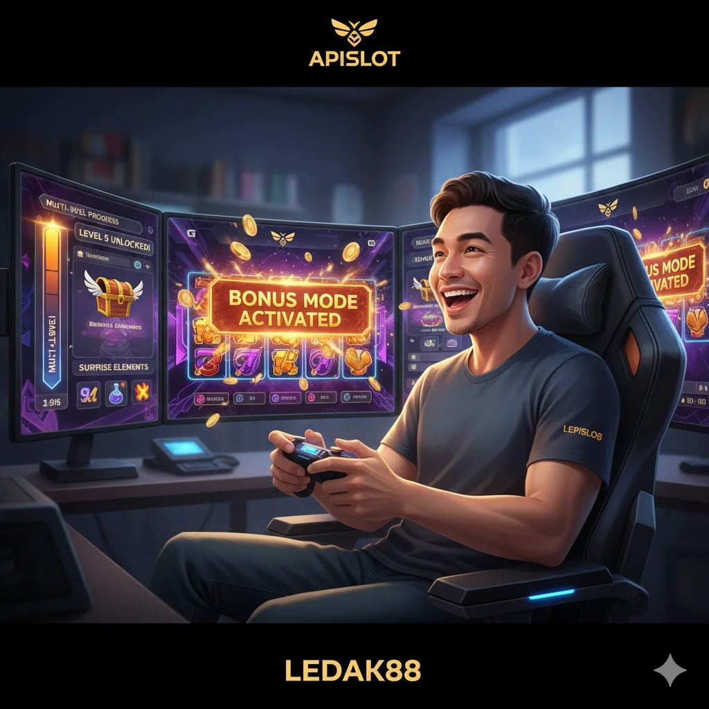 gambar yang merepresentasikan kegembiraan dan fitur-fitur yang Anda nikmati dari Apislot dan Ledak88!