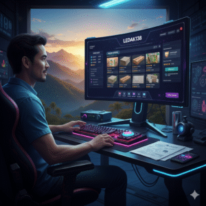 menggambarkan pengalaman berbelanja Anda di Ledak138 dengan latar belakang pegunungan yang indah