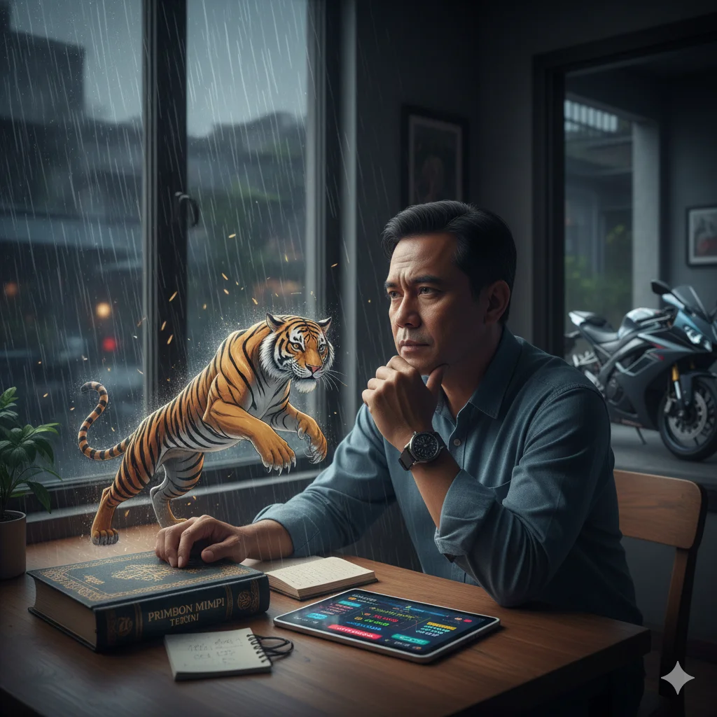 gambar seseorang yang sedang merenung, terinspirasi oleh mimpinya tentang harimau